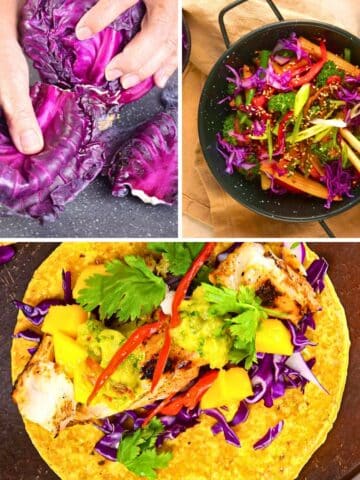 Image collage of purple cabbage recipes.