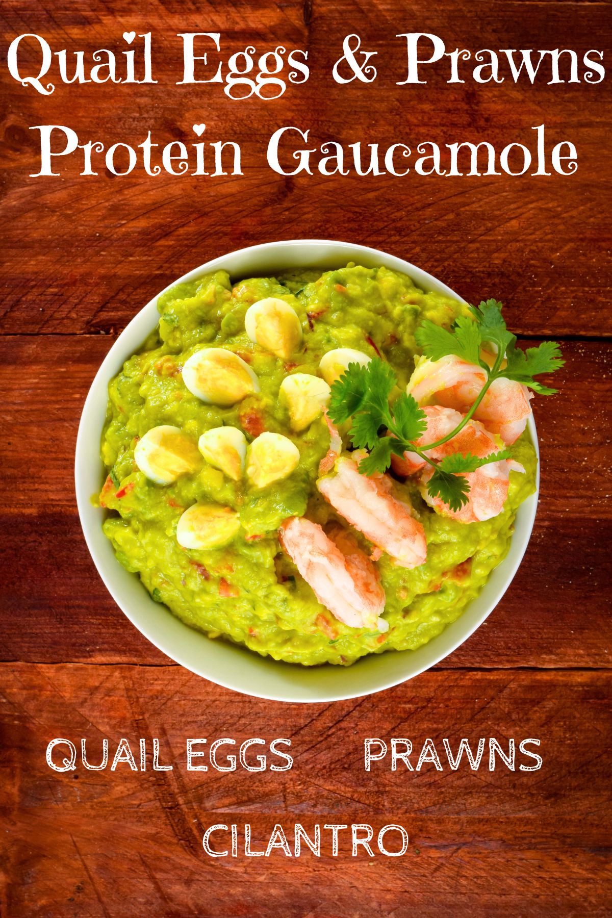 Quail eggs and prawns on top of guacamole in a bowl.