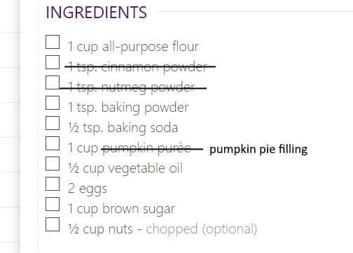 Example list of ingredients for pumpkin recipe.