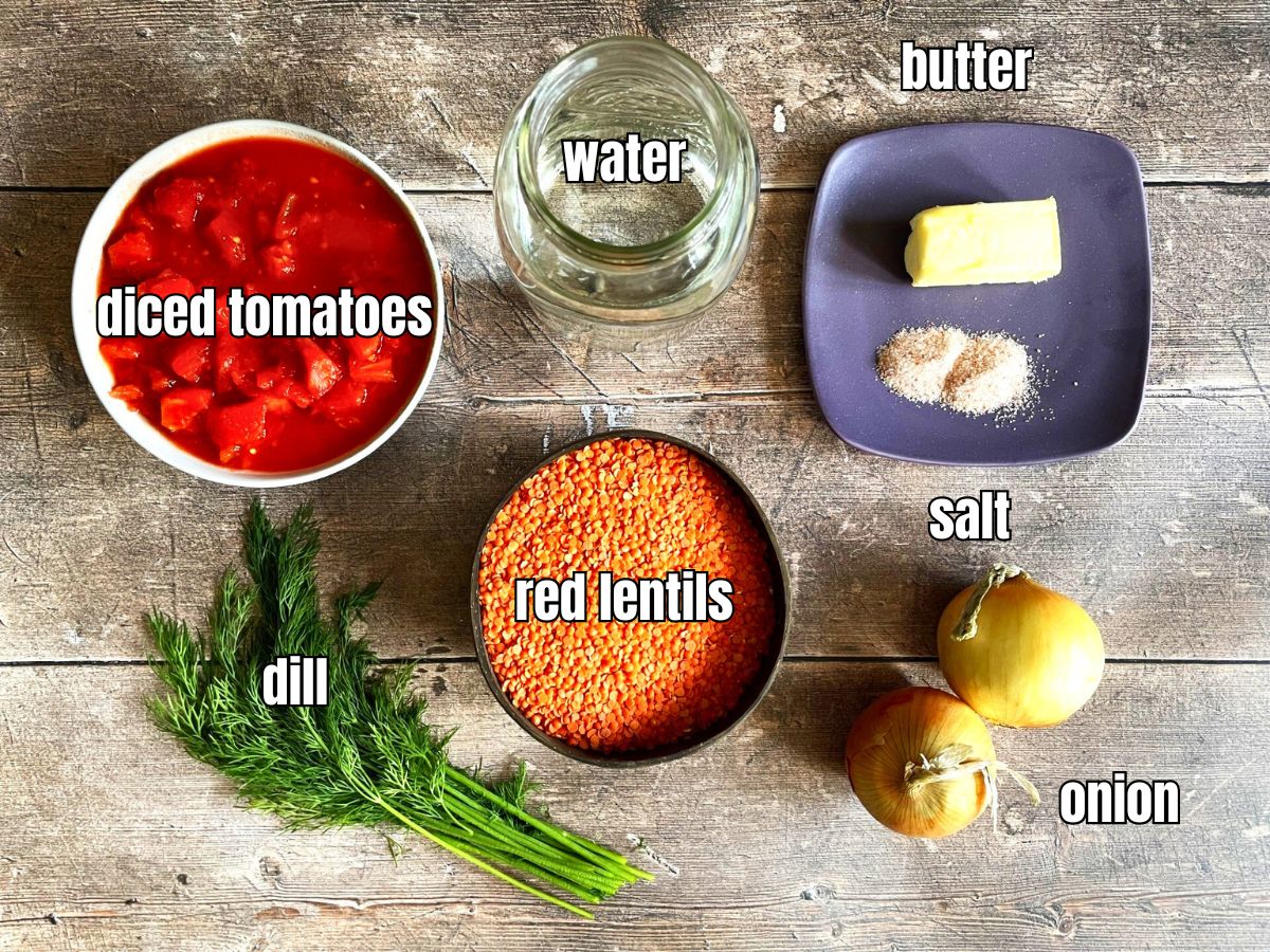 Red lentil soup ingredients labeled.
