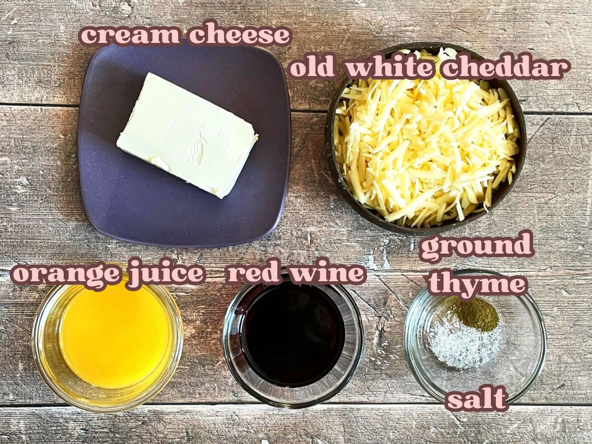 Red wine cheese dip ingredients labeled.