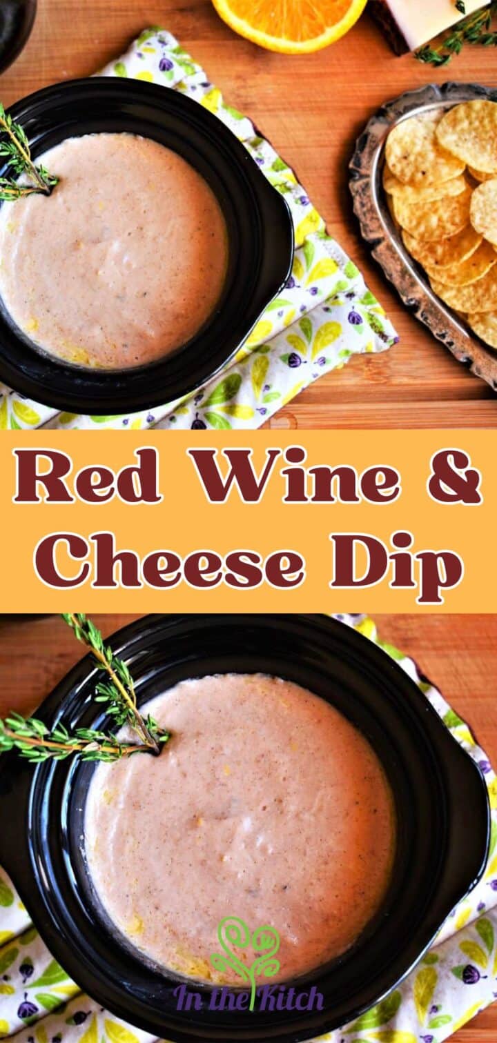 Red wine cheese dip in mini slow cooker with text overlay.