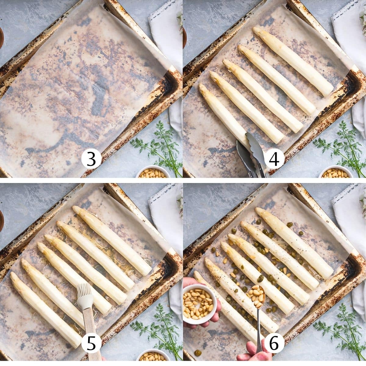 Collage of white asparagus getting prepped for roasting on baking sheet.