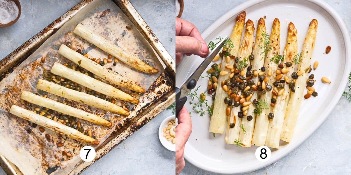 Roasted white asparagus on baking sheet and dish with garnishes collage.