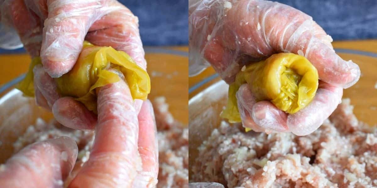 Cabbage roll in hand.