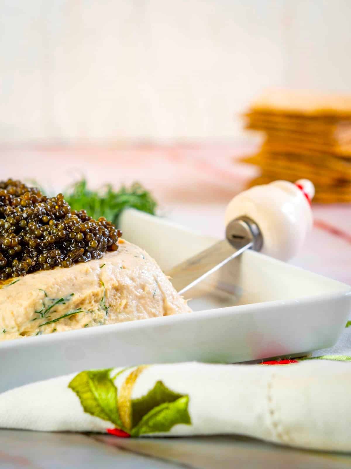 Salmon and dill mousse topped with caviar.