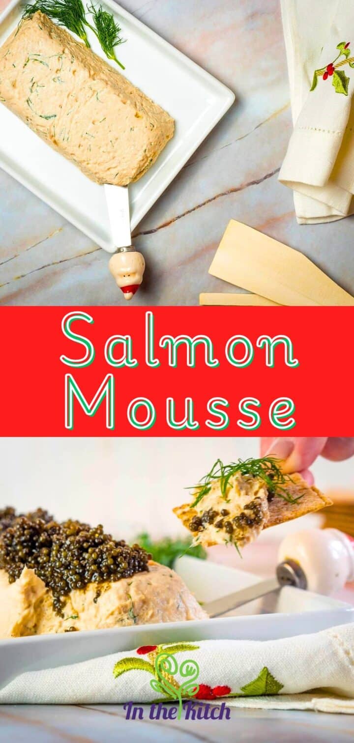 Salmon mousse spread on serving plate with caviar and text overlay that says 'dill mousse'.
