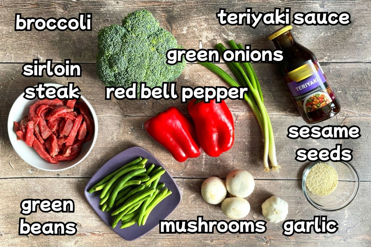 Sheet pan beef and broccoli ingredients labeled.