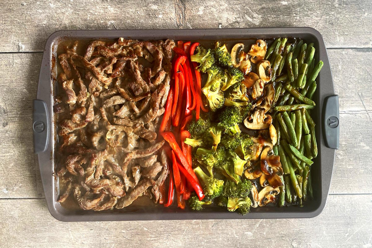 Roasted beef teriyaki, broccoli and other veggies on sheet pan.