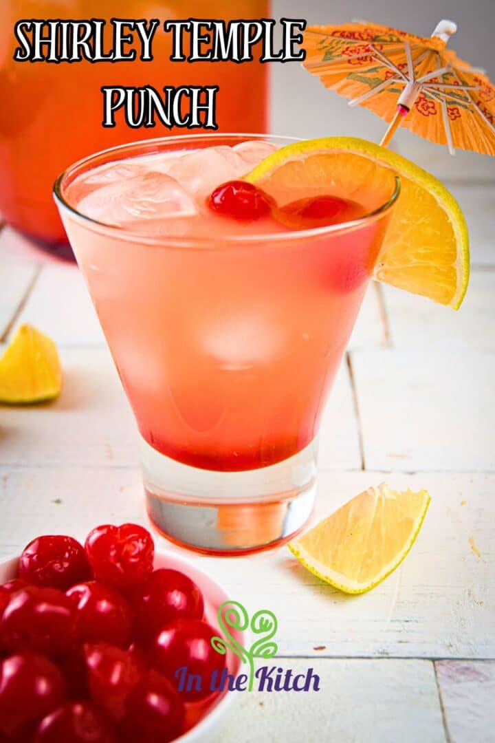 Shirley temple punch in glass with paper umbrella and text overlay that says 'shirley temple punch'.
