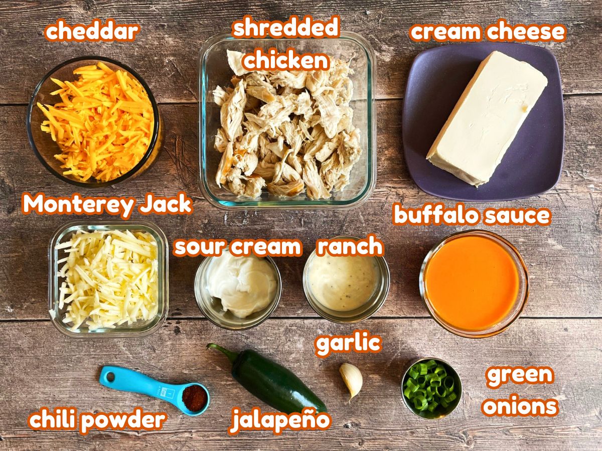 Slow cooker buffalo chicken dip ingredients labeled.