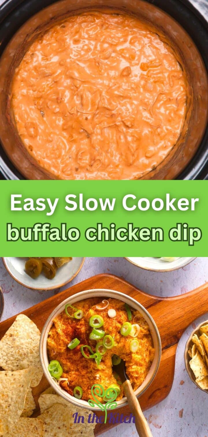 Hot buffalo chicken dip with text overlay that says 'easy slow cooker buffalo chicken dip'.