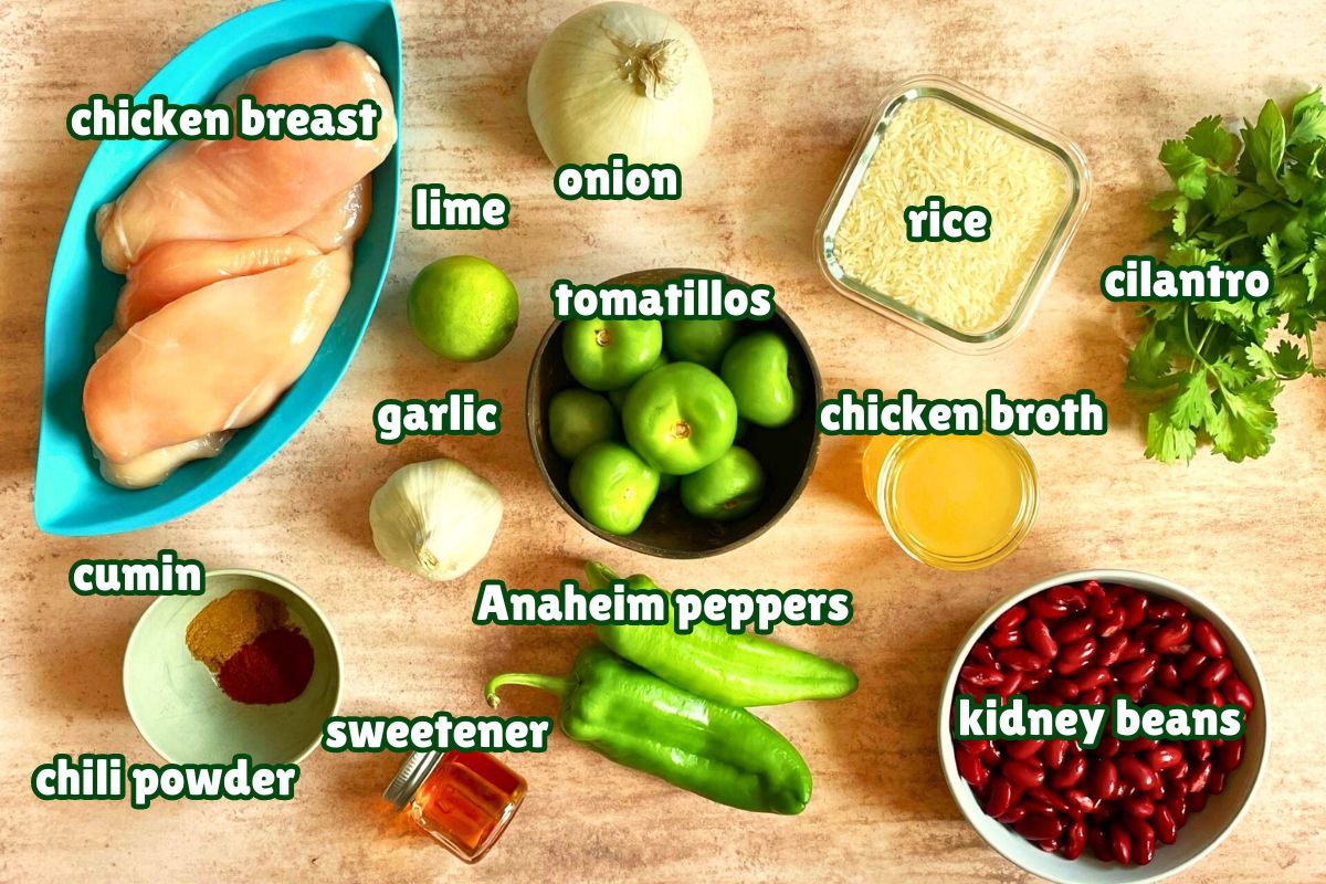 Mexican shredded chicken with tomatillo salsa ingredients.