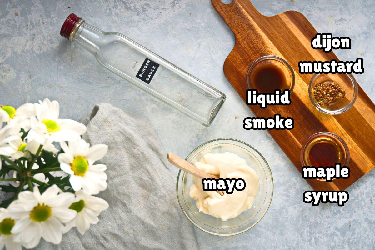 Smoky maple burger sauce ingredients prepped and labeled.