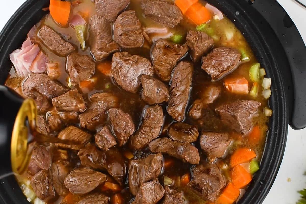 Beef stew in electric skillet.