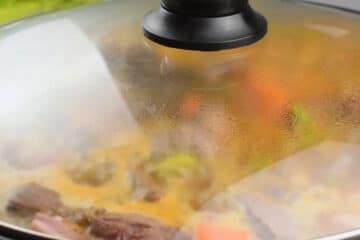 Stew in electric skillet, covered with a lid.