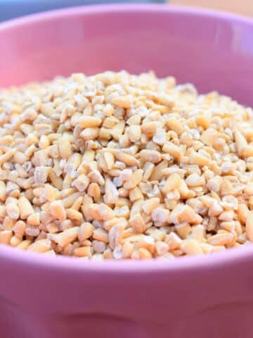Steel cut oats in pink bowl.