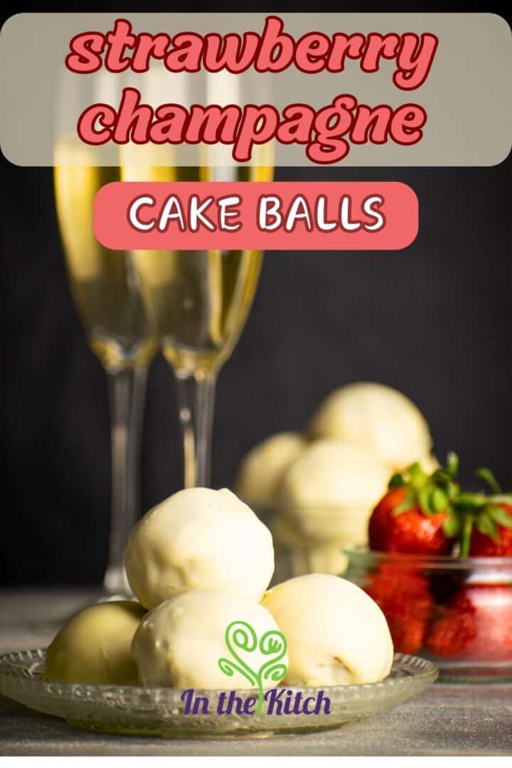 Strawberry champagne cake balls stacked on plate with text overlay that says 'strawberry champagne cake balls'.