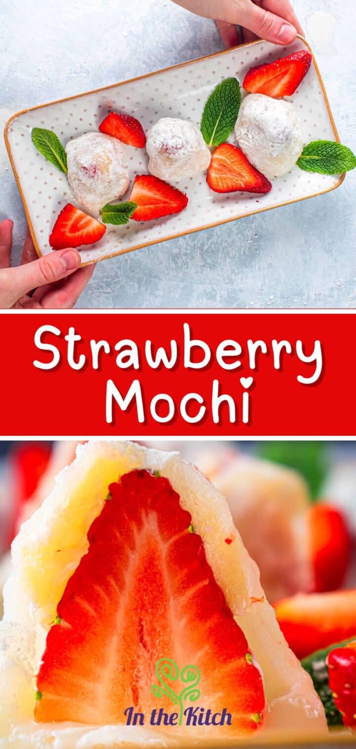 Images of strawberry mochi with text overlay that says 'Strawberry Mochi'.