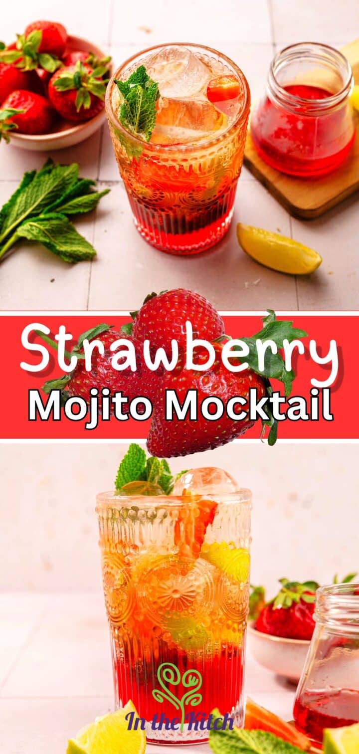 Images of strawberry mojito mocktail in glasses with text overlay that says 'Strawberry Mojito Mocktail'.
