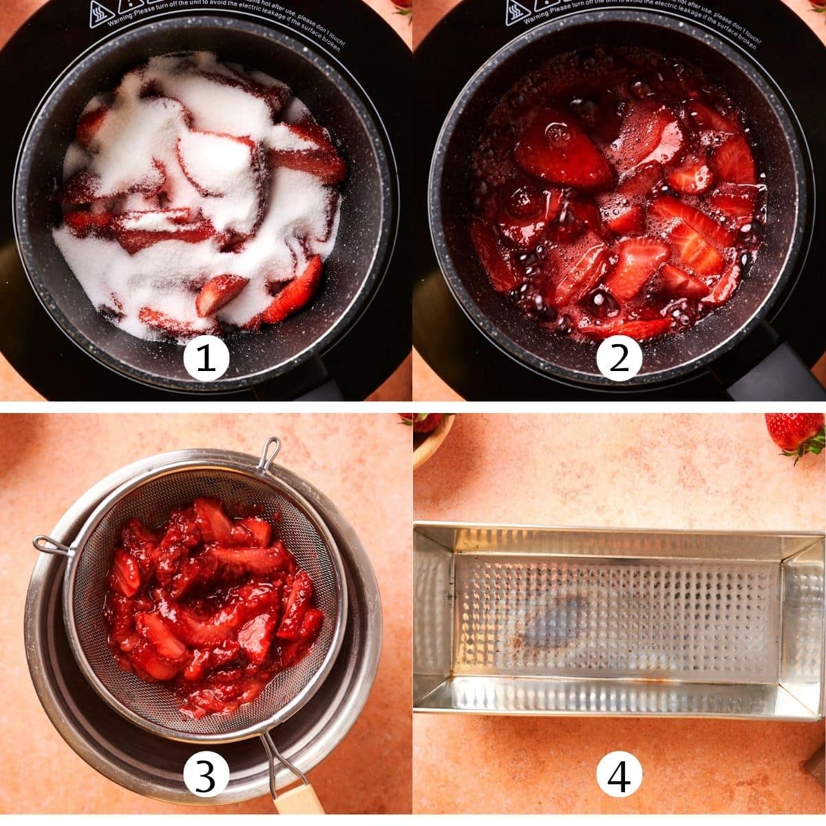 Strawberry shortcake ice cream steps collage, making the syrup.