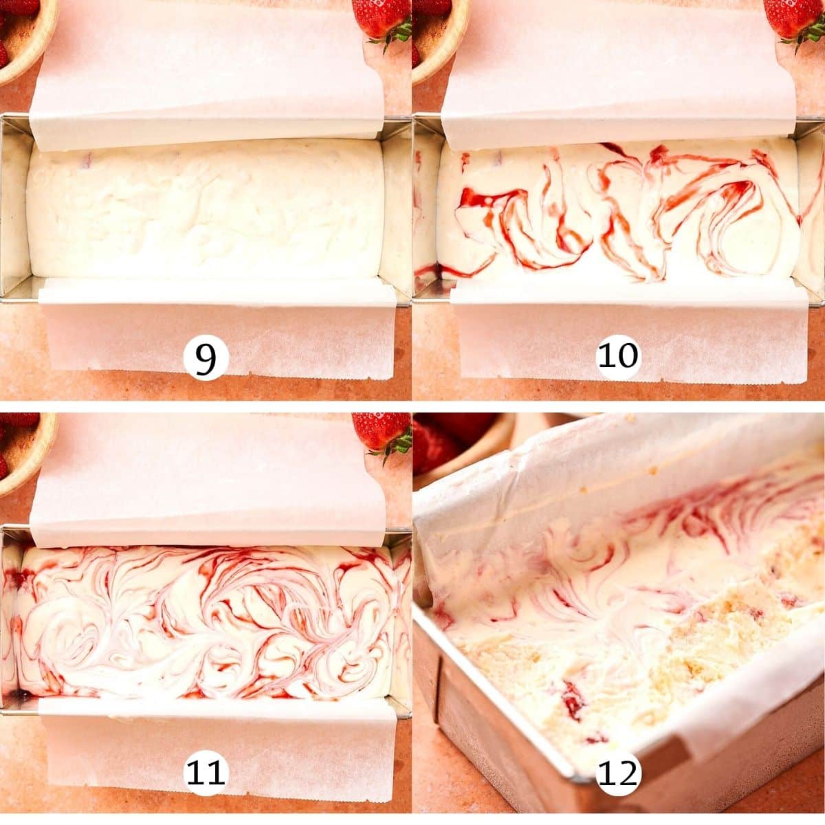 Strawberry shortcake ice cream steps collage, assembling and freezing the ice cream.