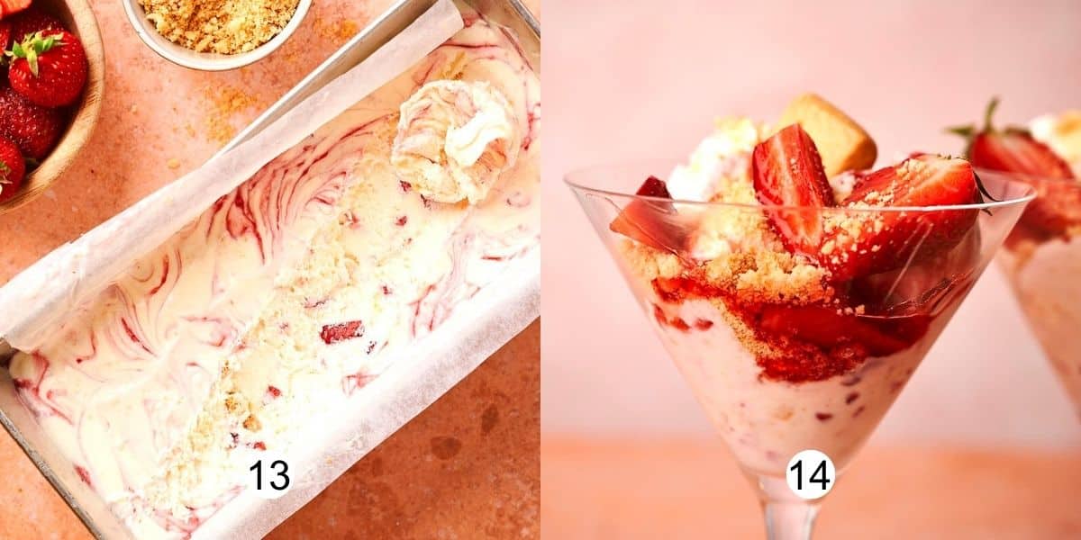 Strawberry shortcake ice cream steps collage, serving the ice cream.