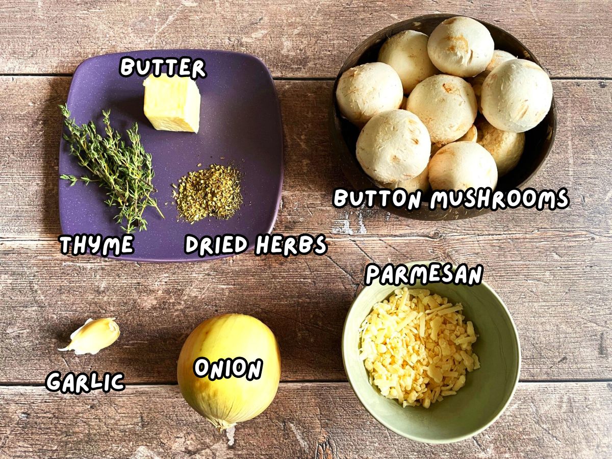 Stuffed button mushrooms ingredients labeled.