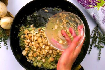 Chopped mushrooms and onions in pan.