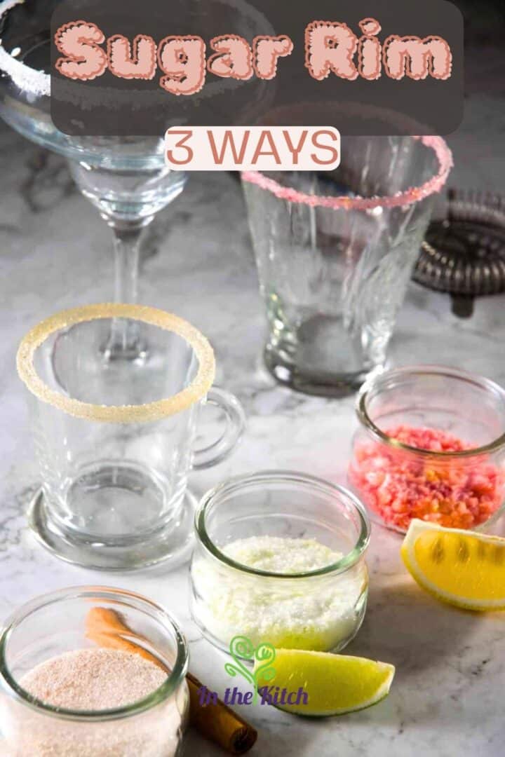 3 sugar rims in glass jars and cocktail glasses on marble background.
