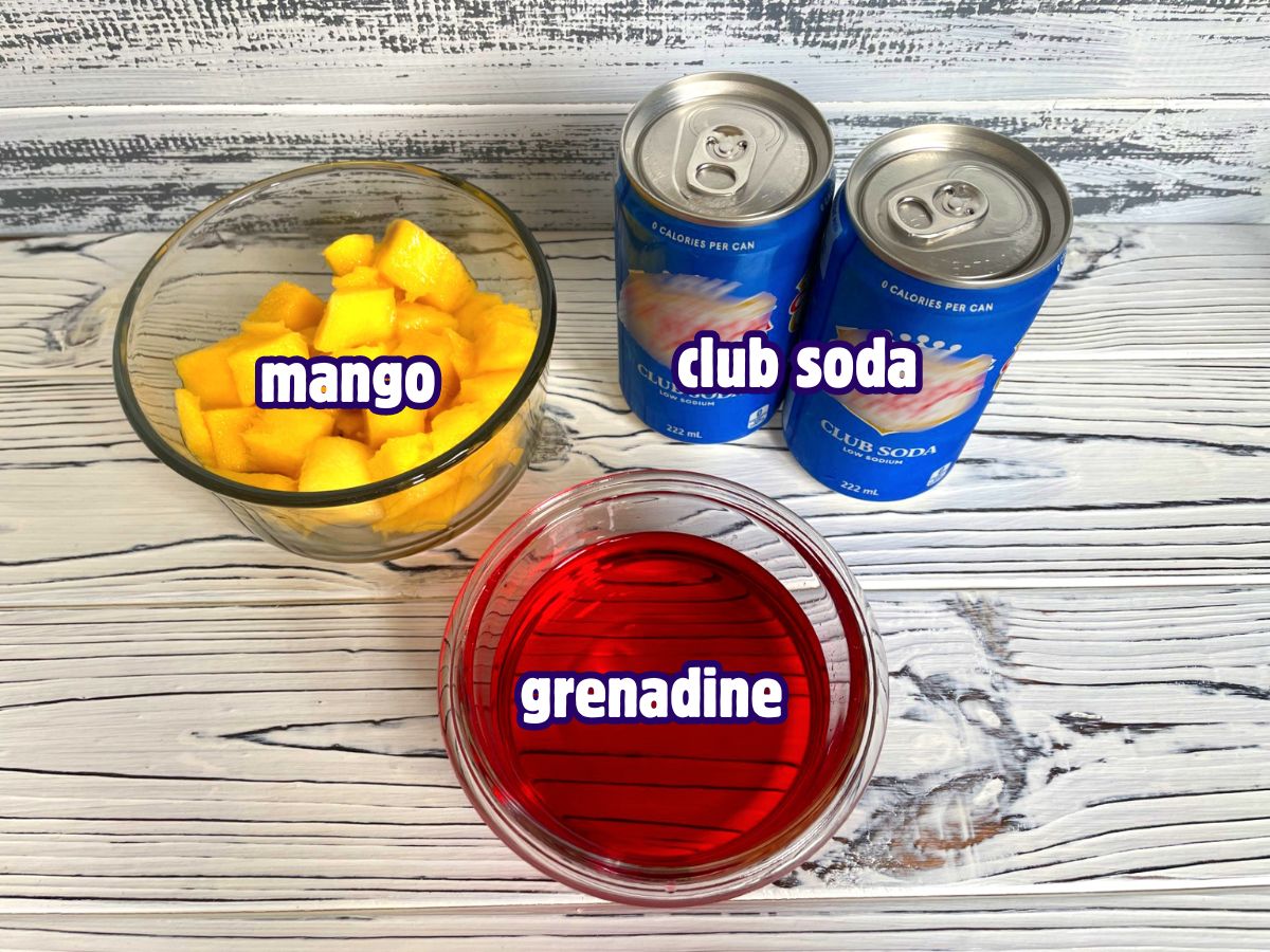 Summer mango pomegranate soda ingredients labeled.