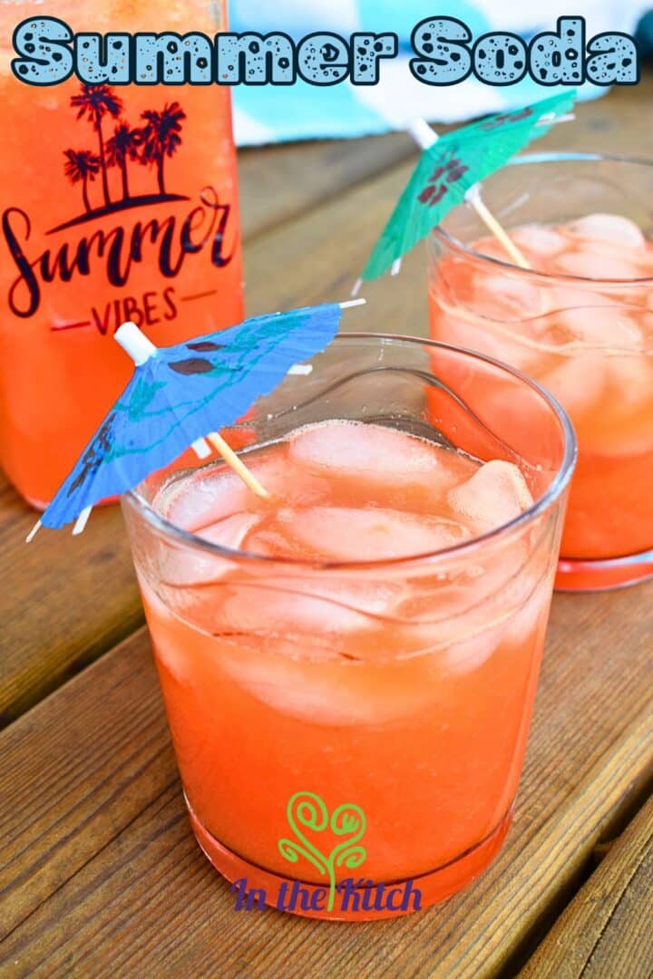 Summer mango pomegranate soda with text overlay that says 'summer soda'.