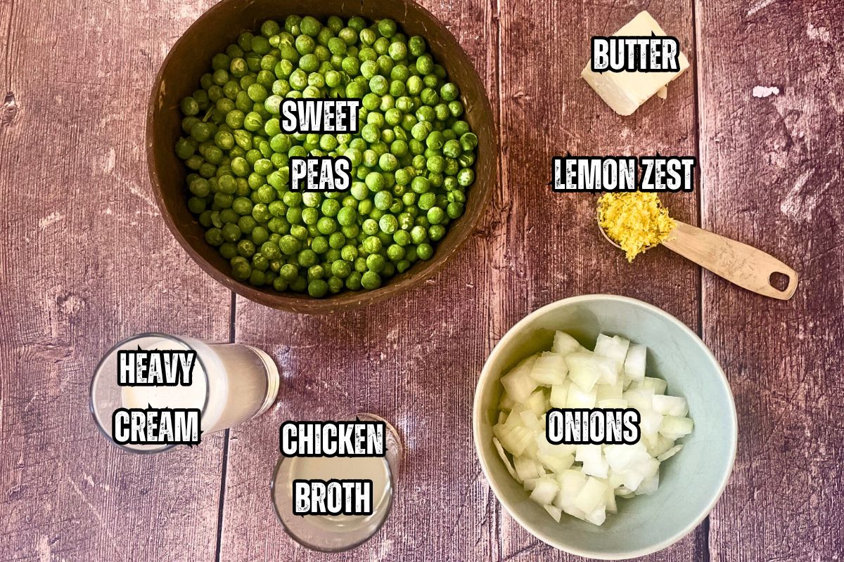Pea puree ingredients prepped on wooden background.