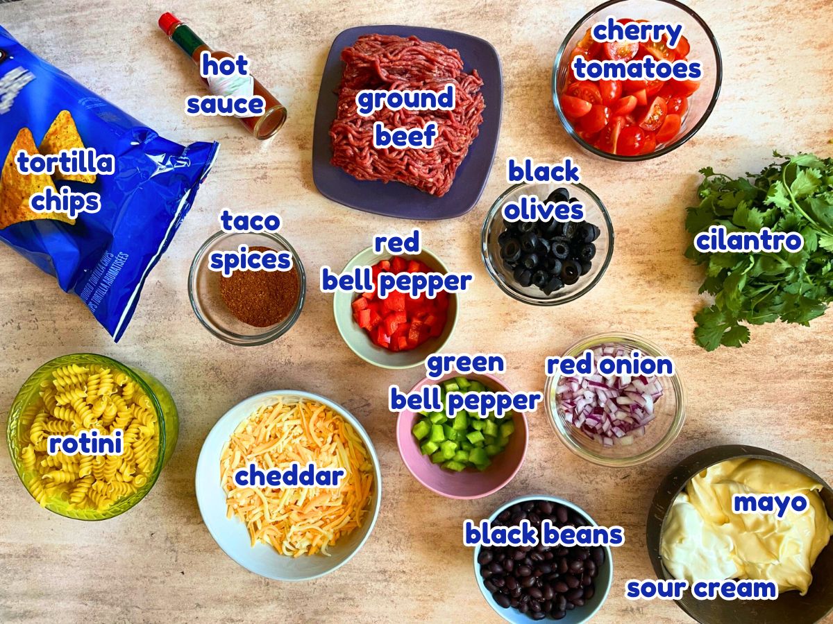 Taco pasta salad ingredients labeled.