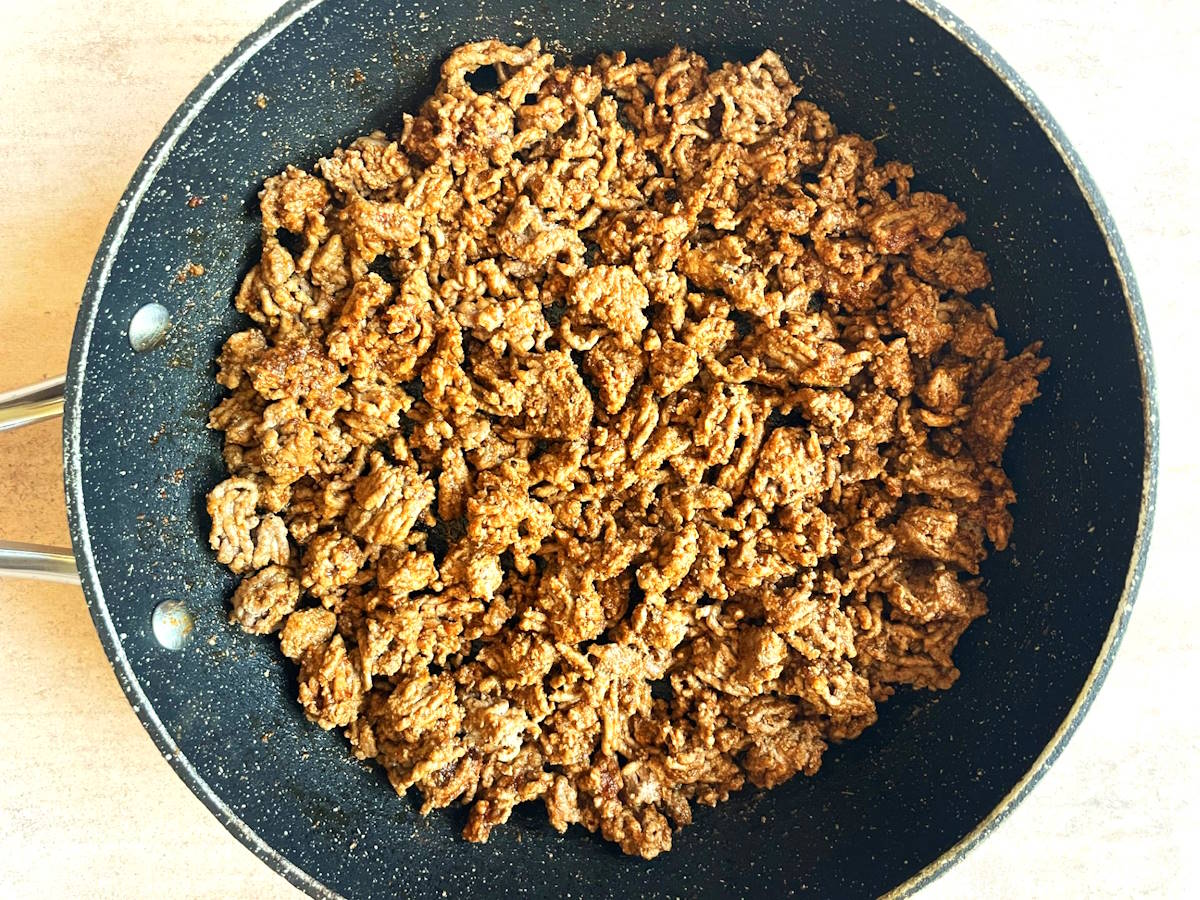 Ground taco meat in pan.