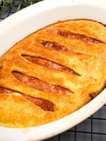Toad in the hole in casserole dish.