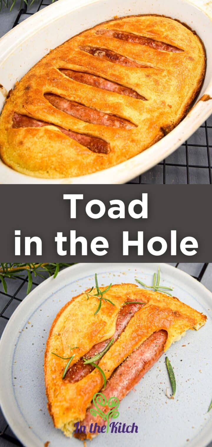 Toad in the hold in casserole dish and on plate with text overlay that says 'toad in the hole'.