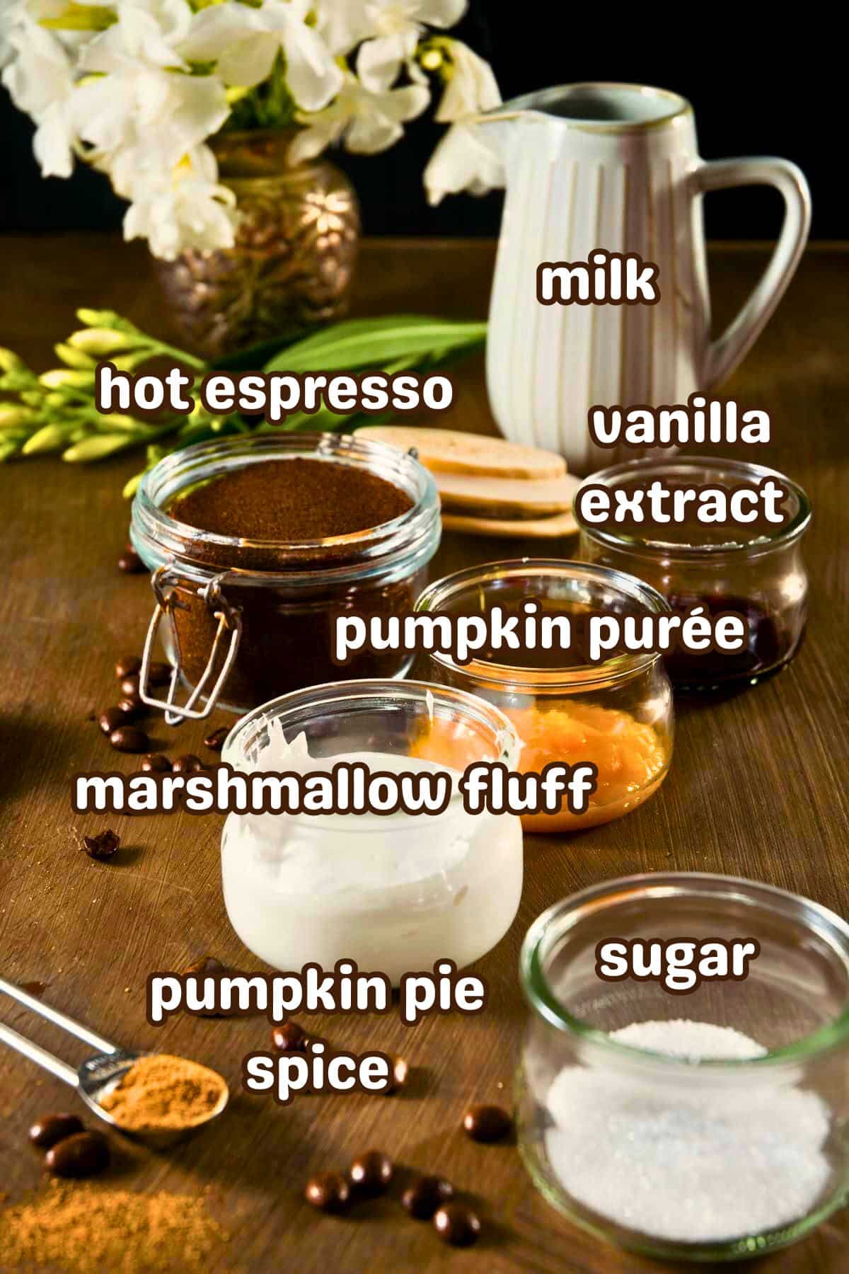 Toasted marshmallow pumpkin spice latte ingredients labeled.