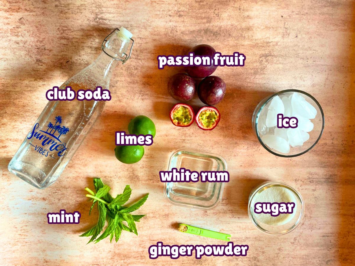 Tropical passion fruit mojito ingredients labeled.