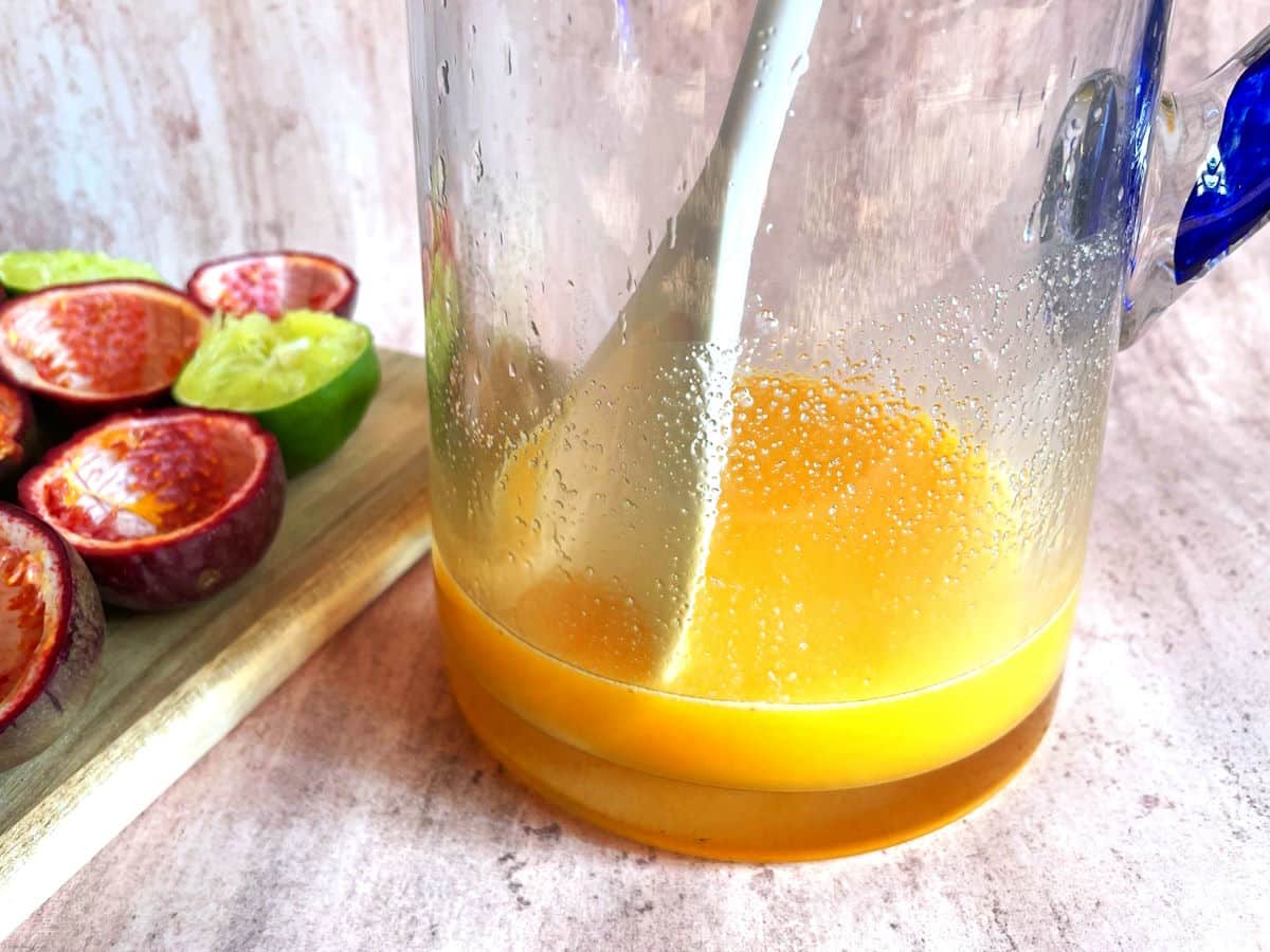 Passion fruit purée in pitcher.