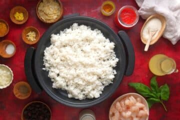 Cooked rice in electric skillet.