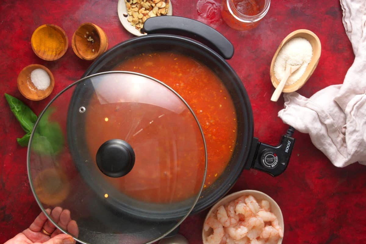 Curry in electric skillet with lid.