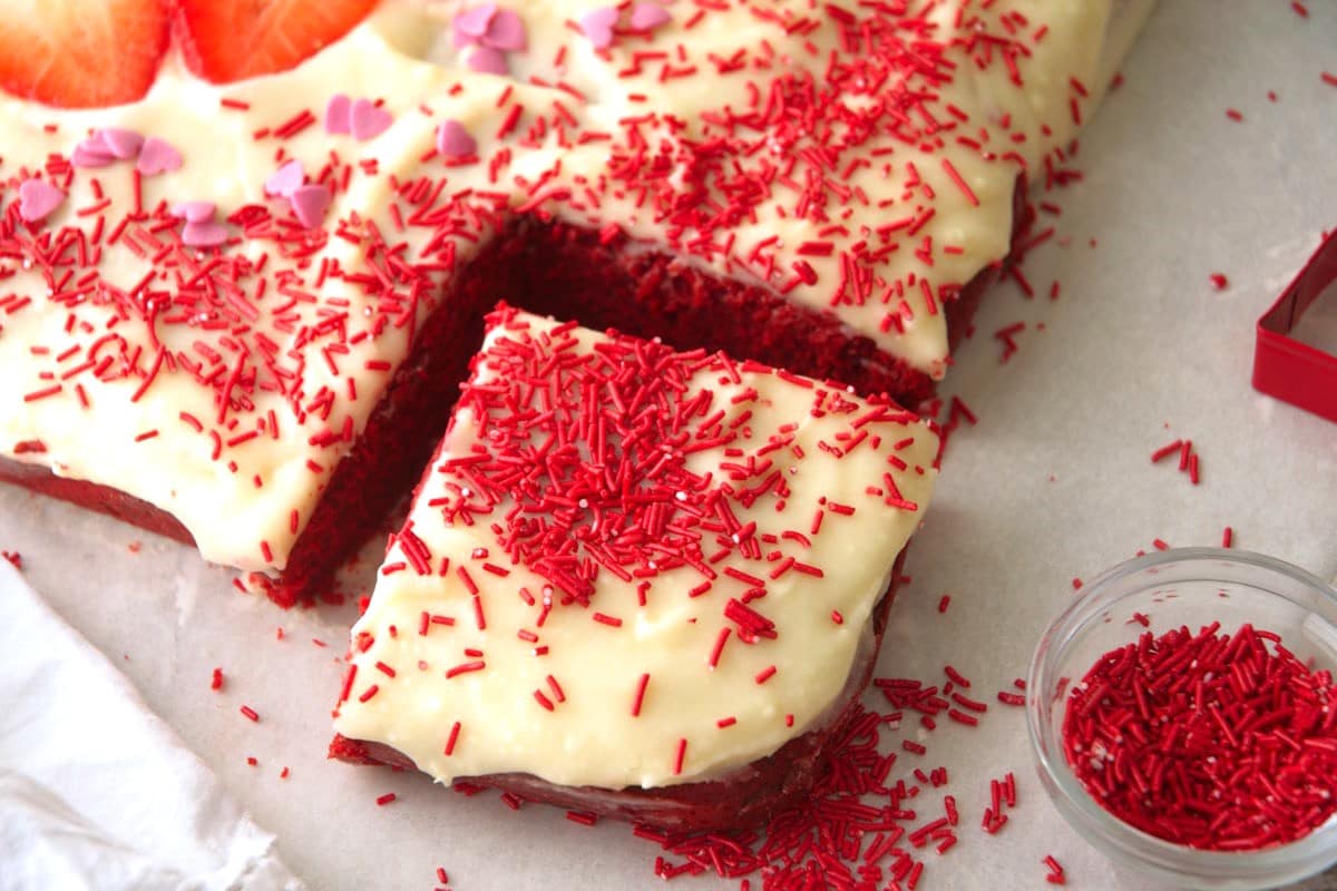 Valentine's Day cake on parchment.