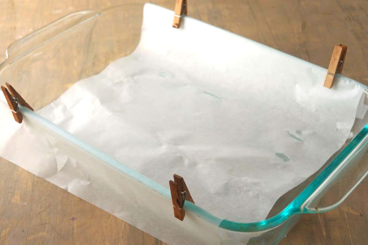 Empty parchment lined baking sheet.