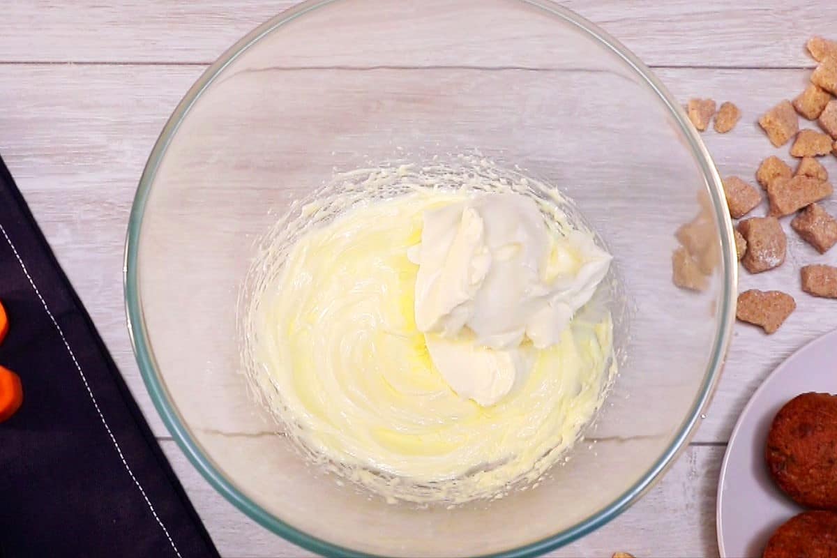Vegan cream cheese frosting in bowl.