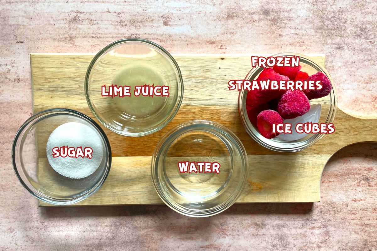 Virgin frozen strawberry daiquiri ingredients prepped and labeled.