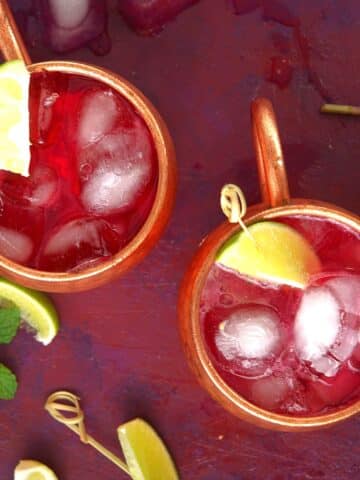 Virgin Moscow mule in copper mugs with lime garnish.