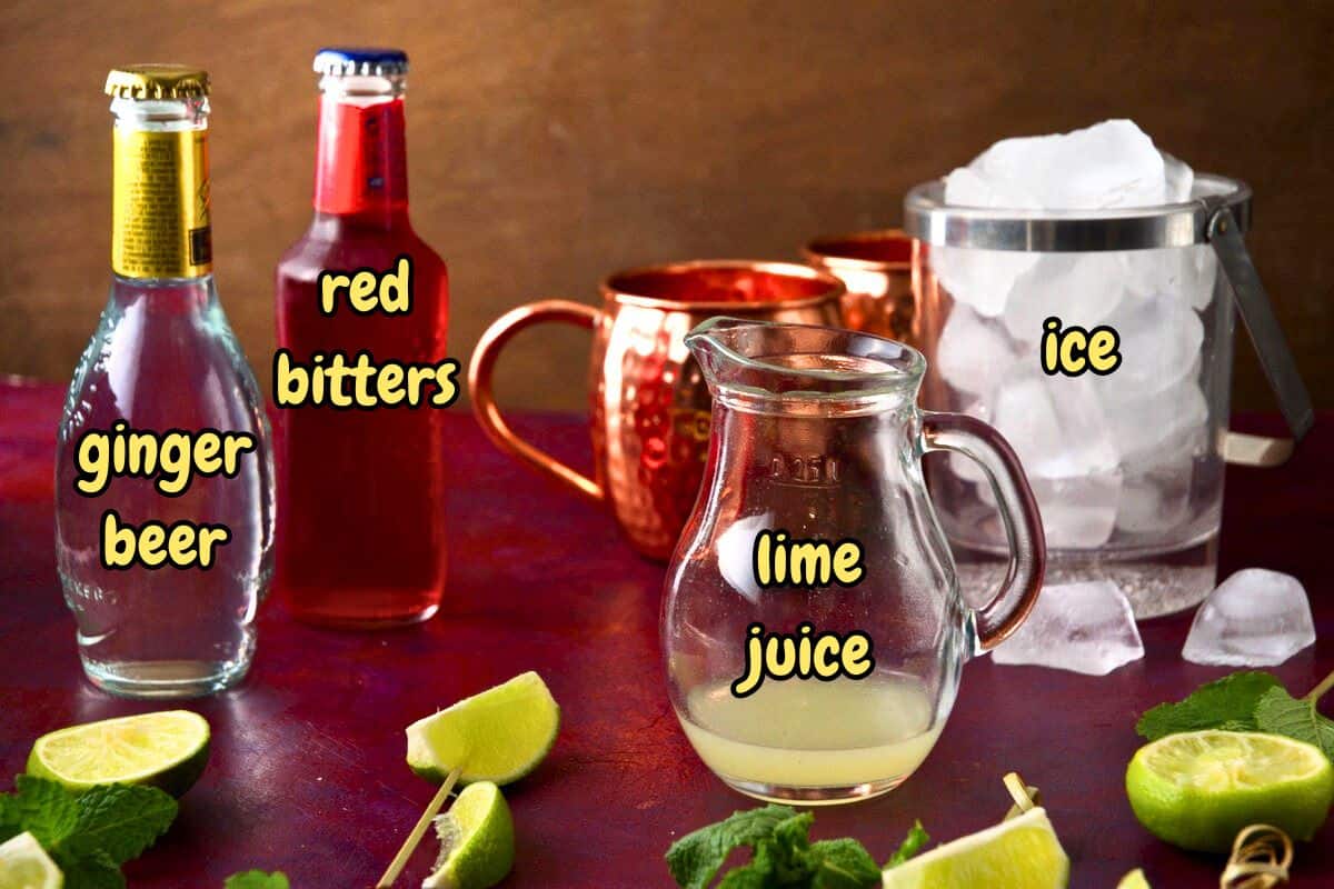 Virgin Moscow mule ingredients prepped and labeled.