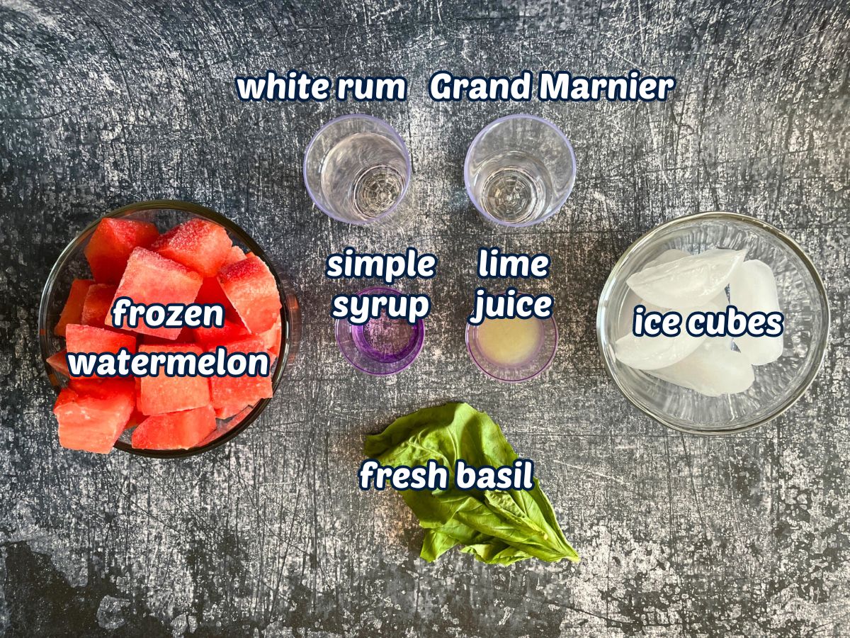 Watermelon basil frozen cocktail ingredients labeled.
