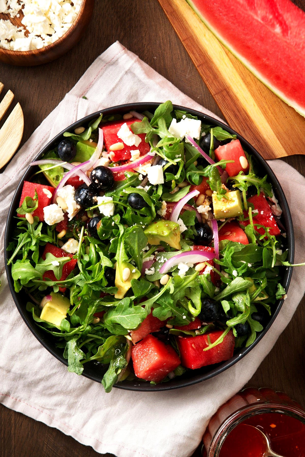 Watermelon salad with basil and watermelon reduction.